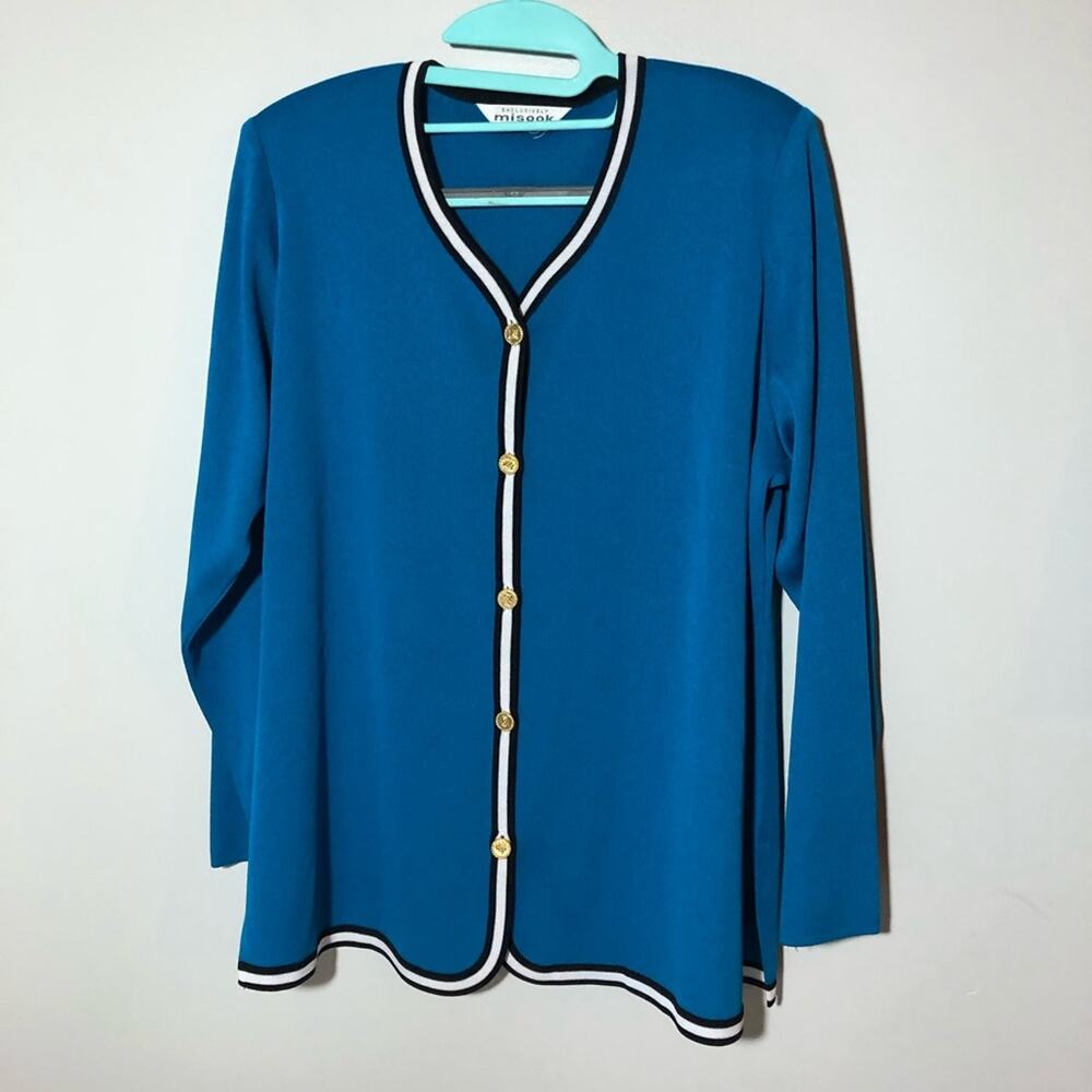 Exclusively misook petites womens teal cardigan sweater gold buttons L granny